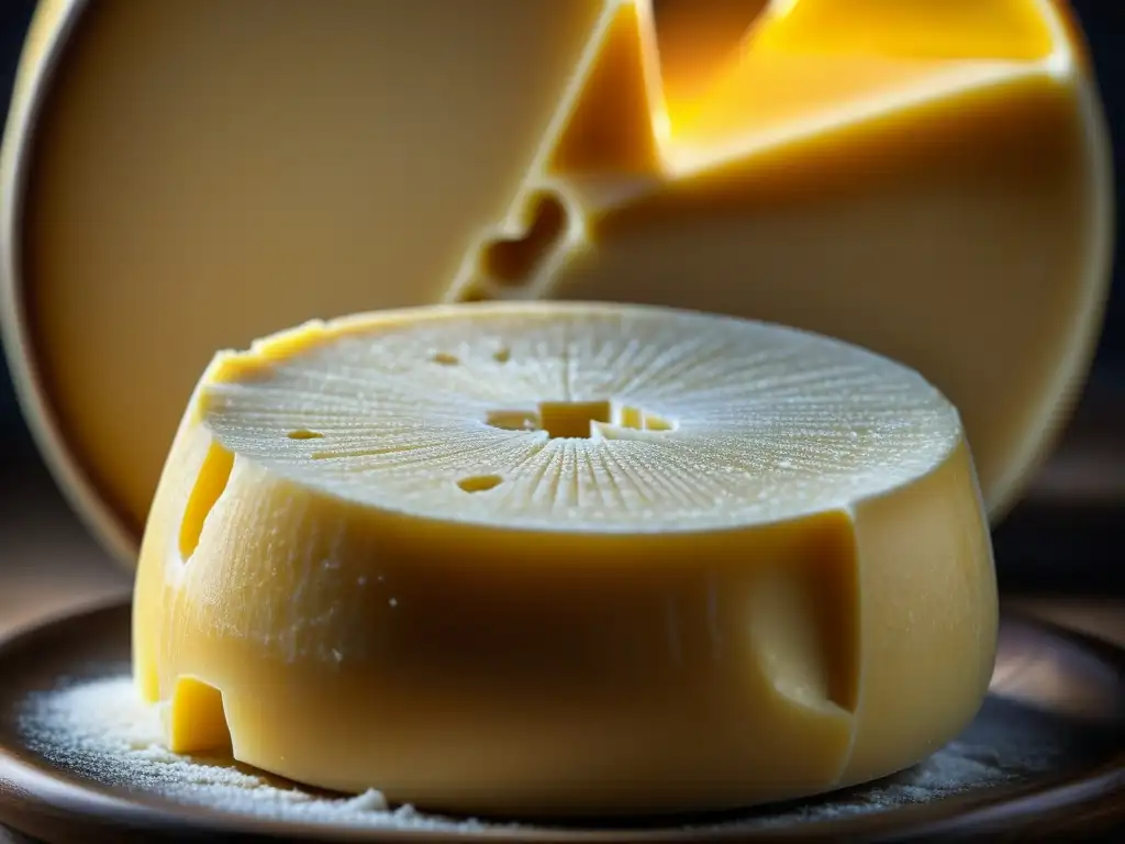 Detalles dorados y cristales de sal en la corteza de un queso Parmigiano Reggiano