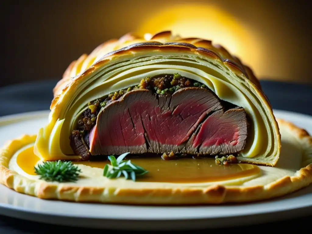Deliciosa exquisitez: Detalle del Beef Wellington dorado y suculento Detalles dorados de un exquisito Beef Wellington, resaltando la artesanía moderna de recetas históricas