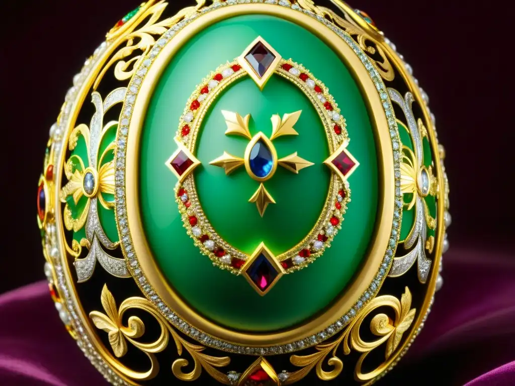 Detalles dorados y gemas brillantes en un huevo Fabergé ruso sobre terciopelo, evocando la tradición ayuno corte Zares