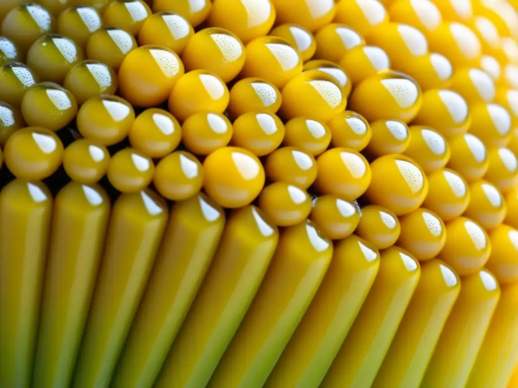 Detalles dorados y gotas de rocío en una mazorca de maíz, resaltando la historia del maíz en Latinoamérica