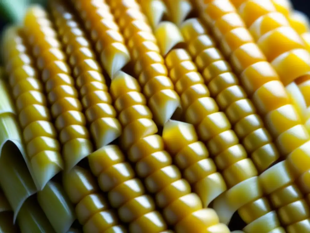 Detalles dorados del maíz: texturas y colores en closeup Detalles dorados de un maíz, iluminados suavemente, evocan la historia del maíz en panadería