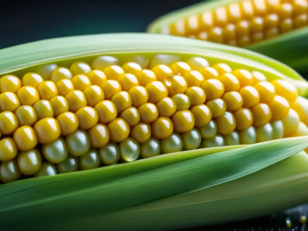 Detalles dorados del maíz latinoamericano recién cosechado bajo el sol matutino, resaltando su significado en la gastronomía