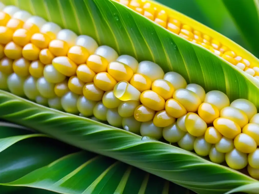 Detalles dorados de mazorca de maíz criollo resaltan en dew drops