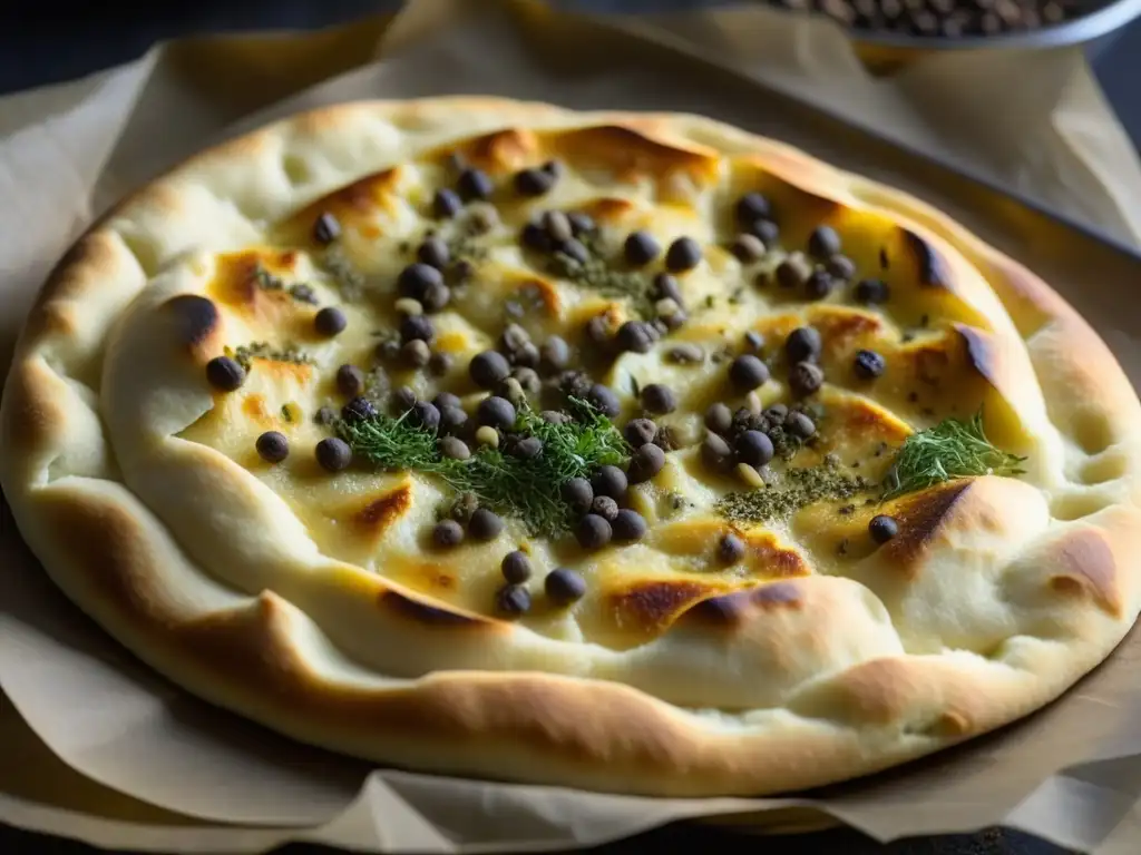 Detalles dorados de un naan Mughal recién horneado, con semillas de nigella, para recetas de pan Mughal históricas