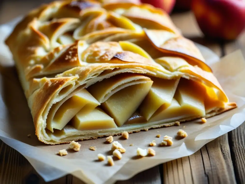 Detalles dorados de un strudel de manzana recién horneado en una mesa rústica