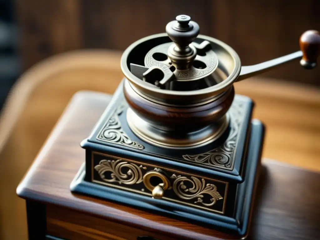 Detalles envejecidos y elegantes de un molinillo de café antiguo