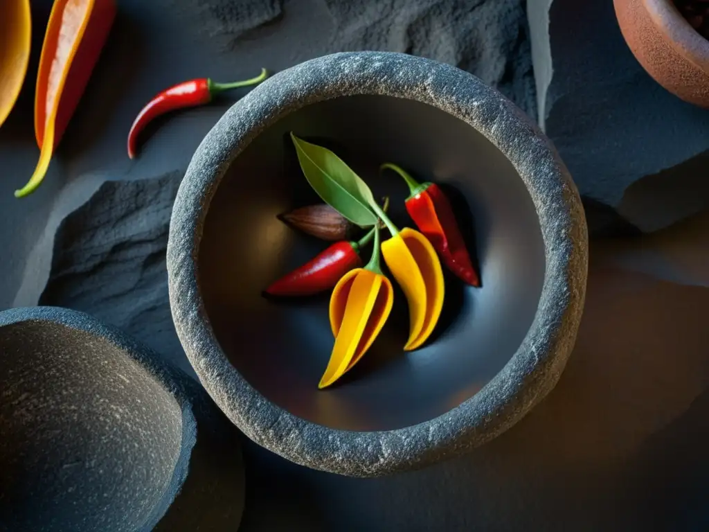 Detalles esculpidos en molcajete, con restos de chiles y cacao