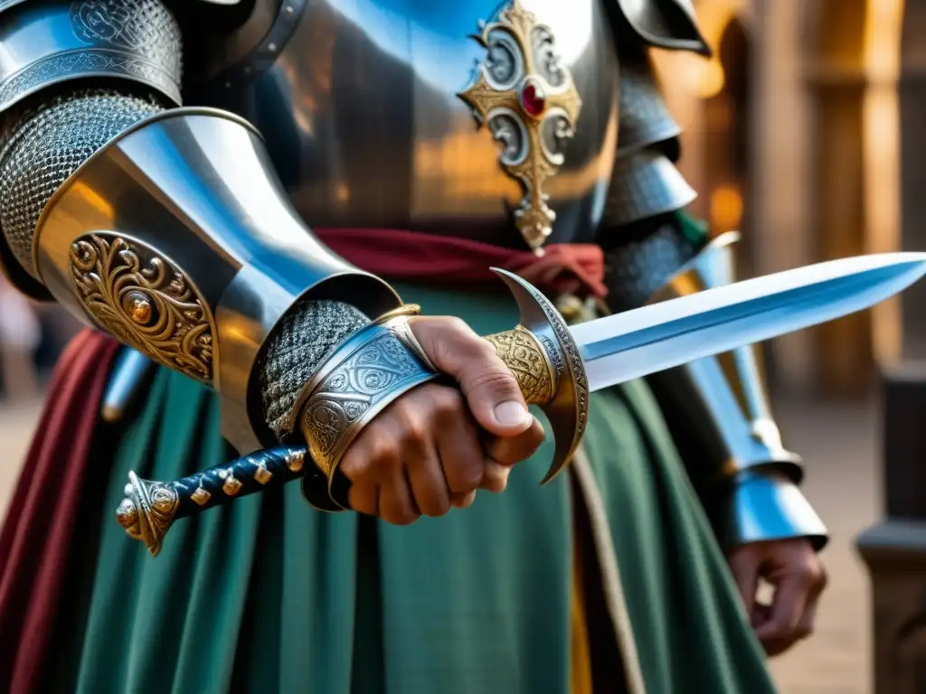 Detalles de una espada medieval con influencias de Oriente sostenida por un caballero europeo en un mercado durante las Cruzadas