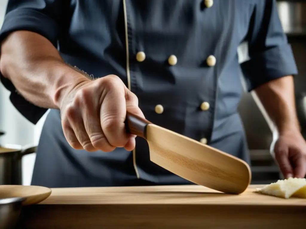 Detalles de una espátula de madera desgastada en mano de chef, esenciales en cocinas con historia