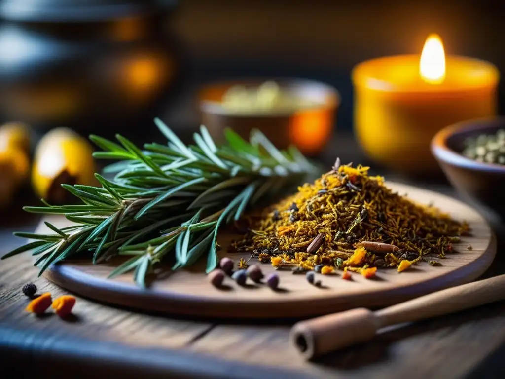 Mesas medievales: una explosión de especias y hierbas Detalles de especias y hierbas en mesa medieval, evocando recetas históricas Europa Edad Media