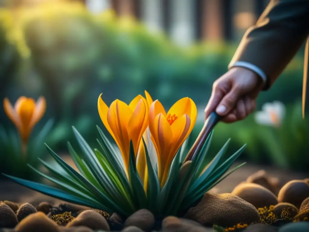 Detalles de estigmas de azafrán en jardín renacentista iluminado por el sol