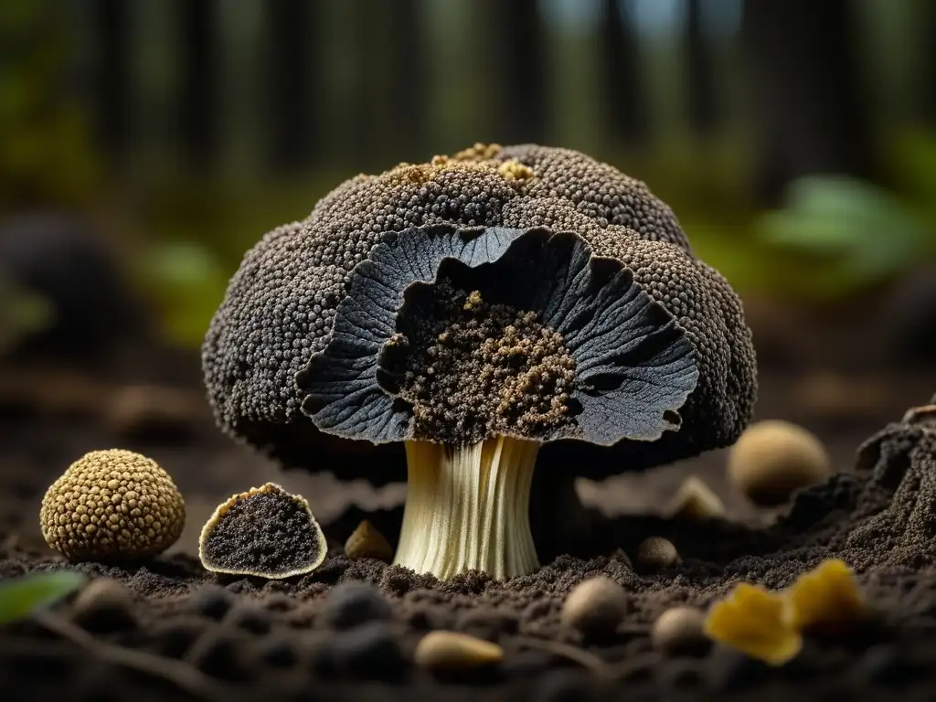 Detalles del exquisito y terroso tesoro negro de la trufa, en la tierra del bosque