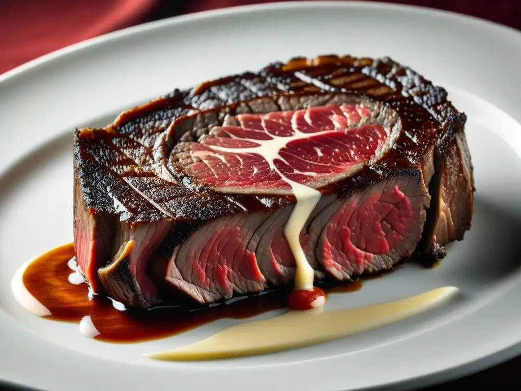 Detalles exquisitos de un filete argentino envejecido, destacando capas de grasa y carne