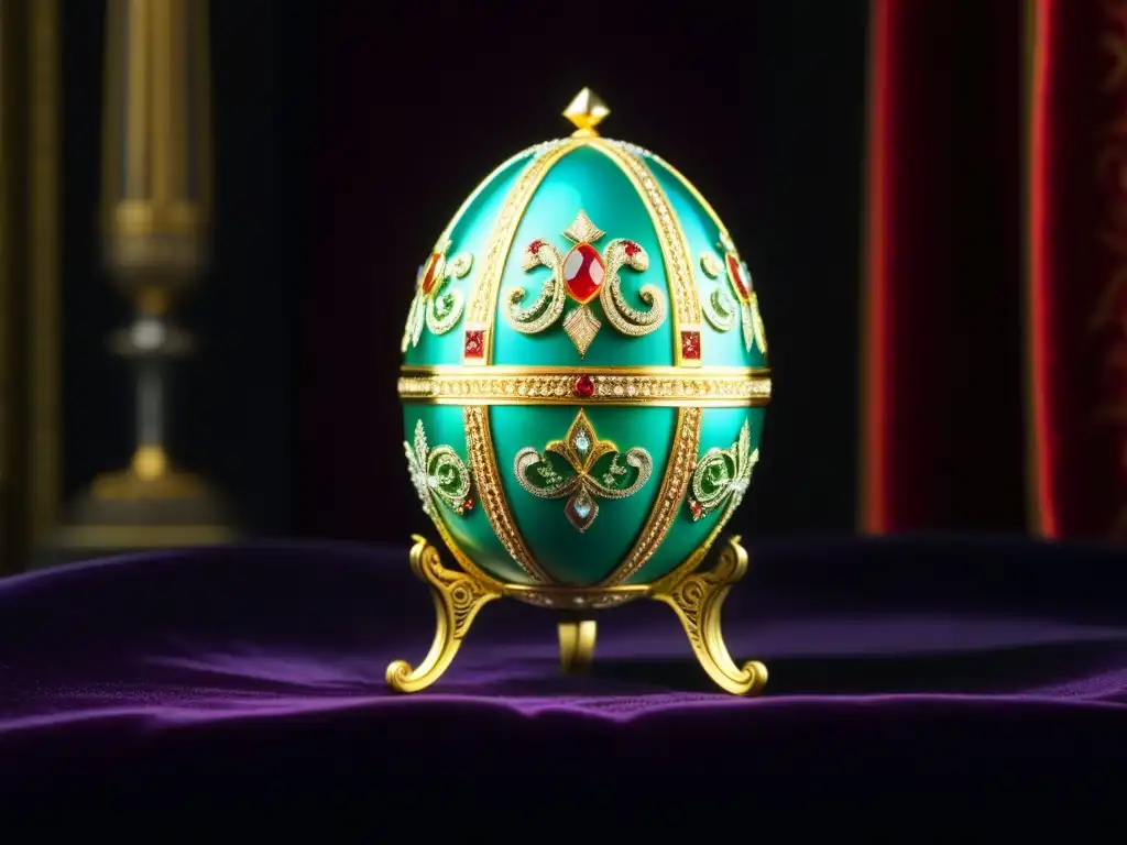 Detalles exquisitos de un huevo Fabergé decorado, reflejando la opulencia de la corte zarista de Nicolás II