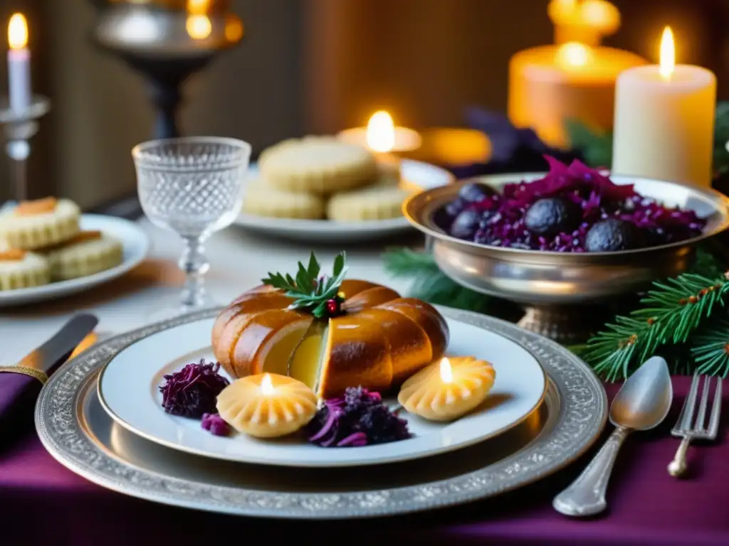 Detalles exquisitos de una mesa navideña del Imperio Austrohúngaro con platos típicos y decoración festiva