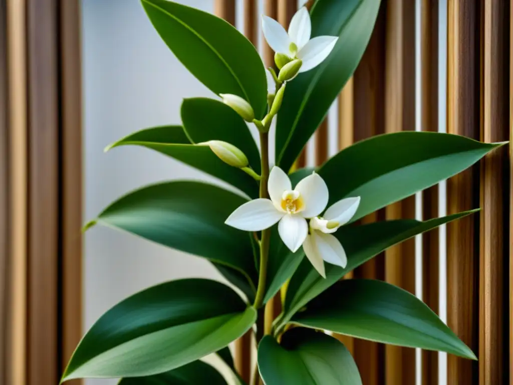 Detalles exquisitos de una orquídea vainilla en su hábitat natural, resaltando la belleza y fragilidad de la planta