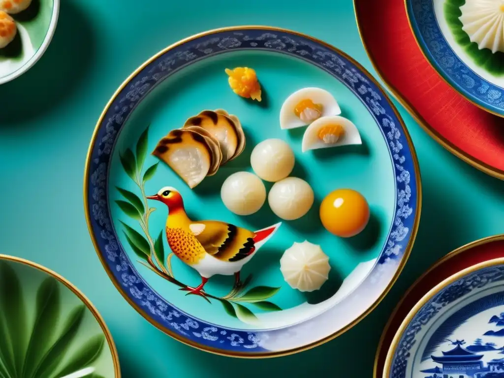 Detalles exquisitos de un plato de porcelana chino, mostrando la rica historia gastronómica de la cocina imperial china