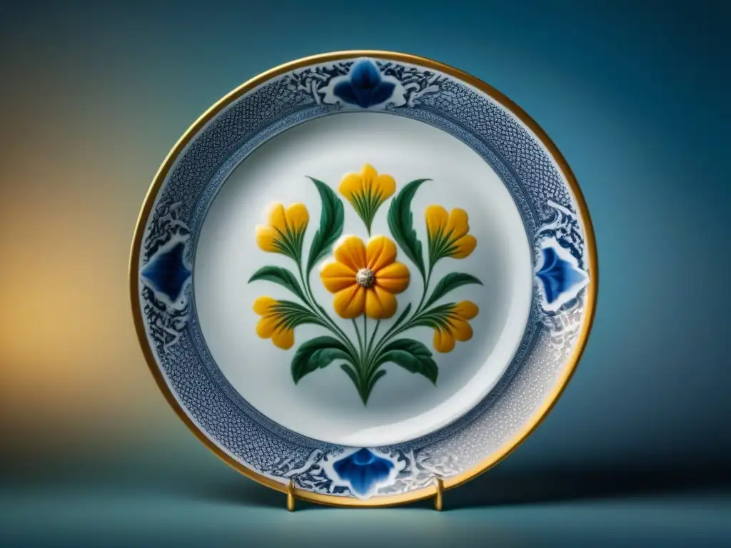 Detalles exquisitos de un plato de porcelana europeo del siglo XIX, reflejando la influencia europea en la cocina americana del siglo XIX