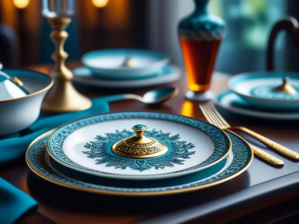 Detalles exquisitos de platos históricos etiqueta mesa época en mesa elegante y sofisticada