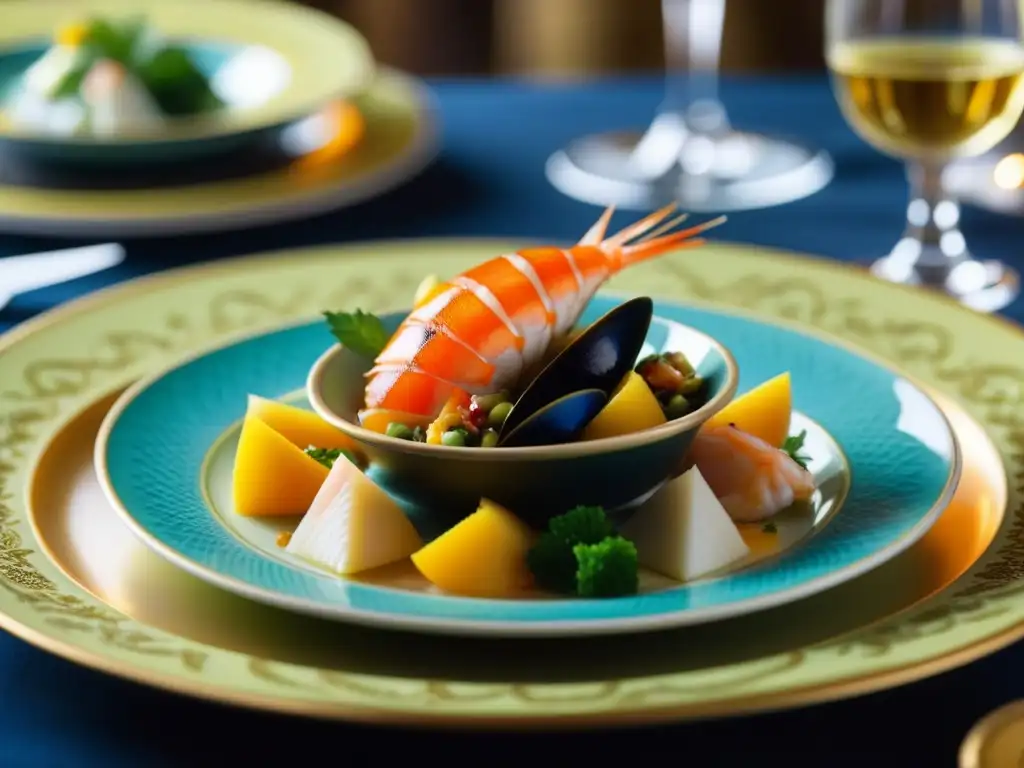 Detalles exquisitos de recetas históricas de pescados y mariscos en un plato Barroco francés