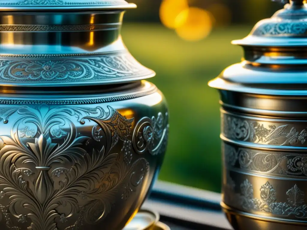 Detalles exquisitos del samovar de plata zarista, resaltando la gastronomía y tradición de la Rusia zarista