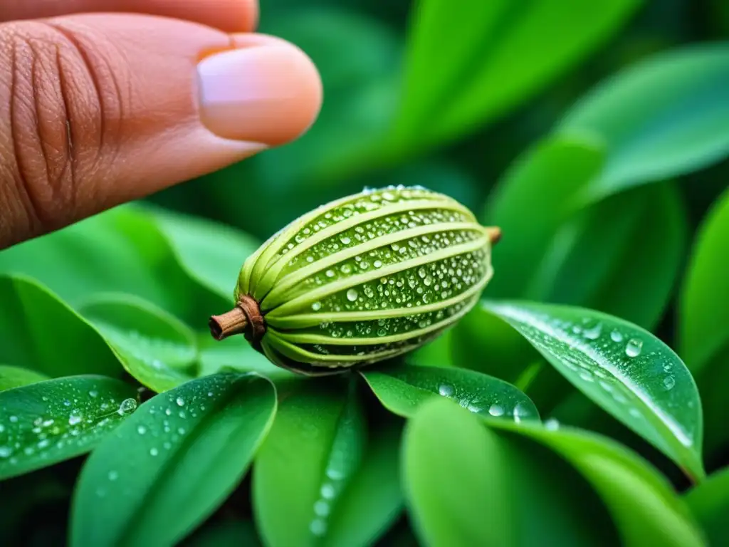 Detalles exquisitos de vainas de cardamomo recién cosechadas con rocío matutino en una granja de especias en Zanzíbar