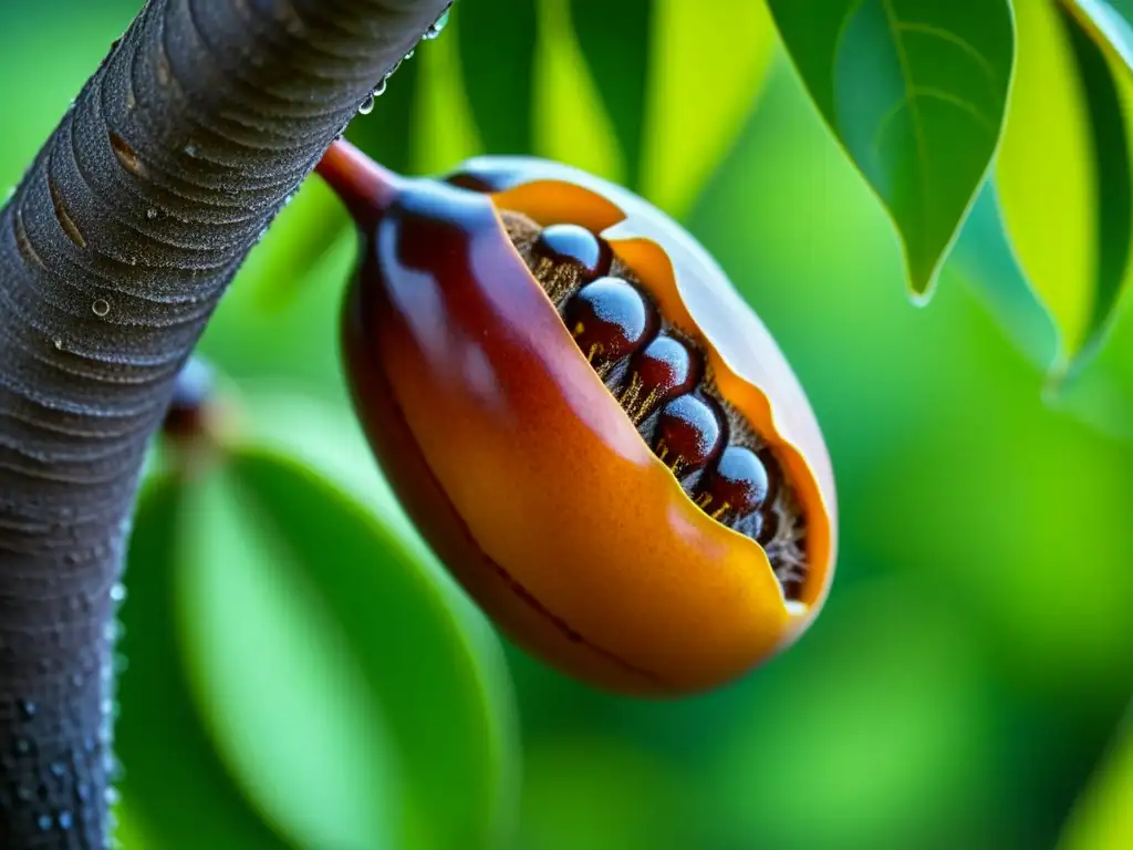 Detalles exquisitos de vainas de tamarindo maduro en árbol, con pulpa pegajosa visible