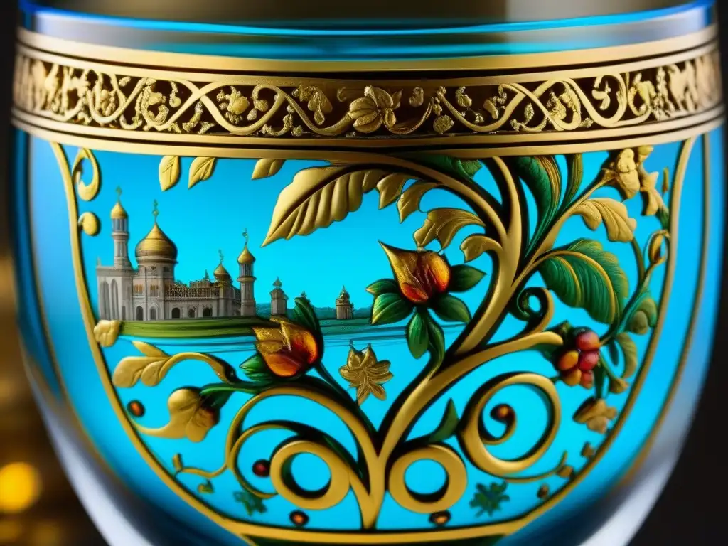 Detalles exquisitos de un vaso renacentista, con adornos de oro y gemas, reflejando la elegancia del vidrio