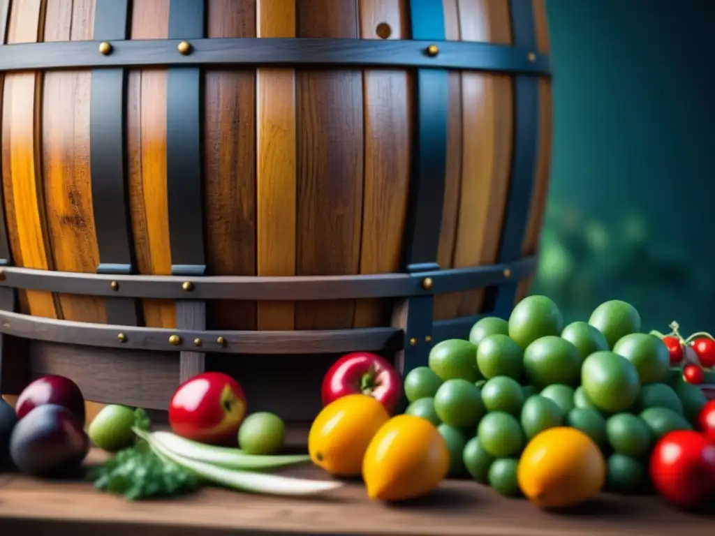 Detalles fascinantes de barril de madera lleno de frutas y verduras para fermentación