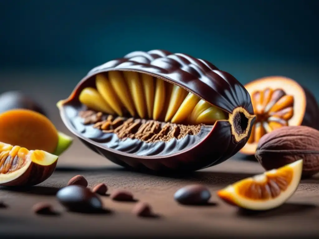 Detalles fascinantes de un cacao abierto revelando sus granos de cacao, destacando la historia del cacao en recetas