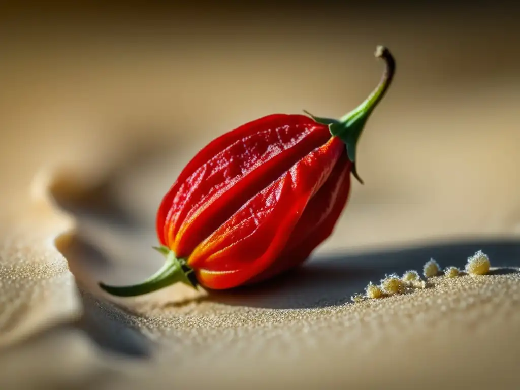 Detalles fascinantes de la Pimienta del Desierto historia: un diminuto y arrugado chile rojo rodeado de su polvo, resaltando su exotismo y picanteza