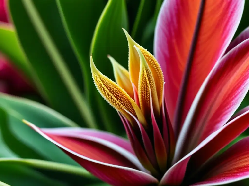 Detalles fascinantes de una flor de jengibre rojo, resaltando su belleza natural y la historia del jengibre en culturas