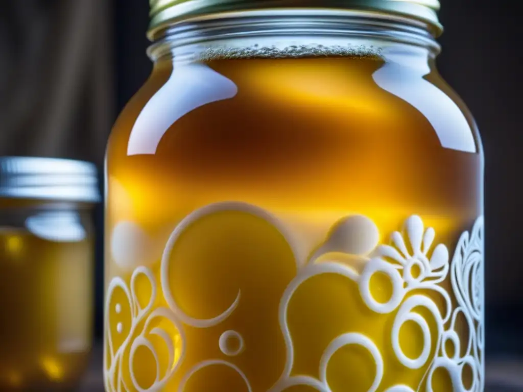 Detalles fascinantes del proceso natural de fermentación del Kombucha en un frasco de vidrio