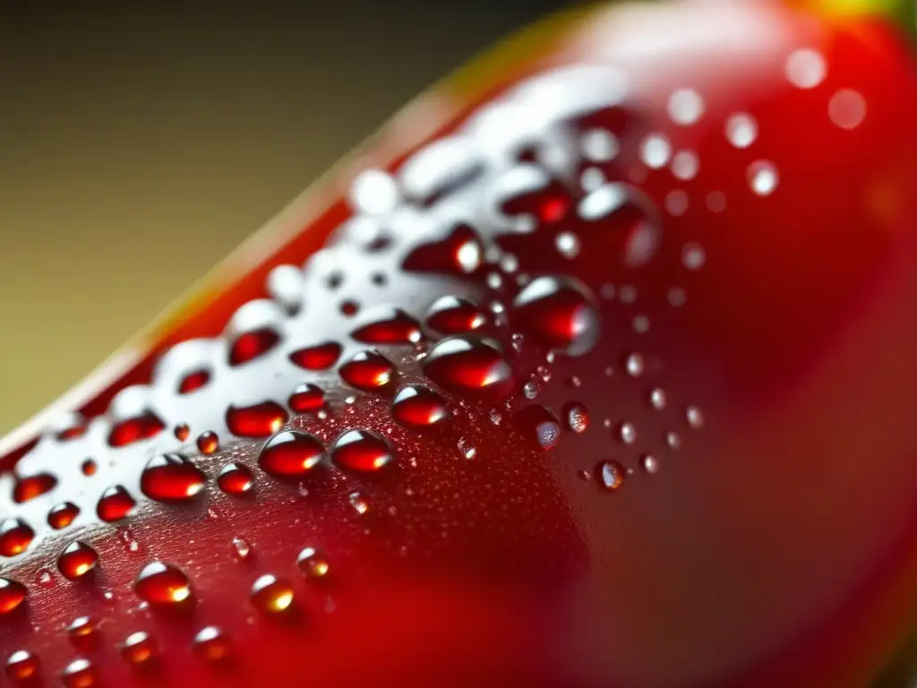 Detalles fascinantes de un chile rojo brillante con gotas de agua, iluminado suavemente