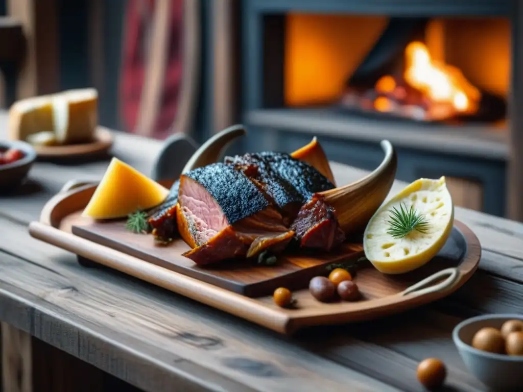 Detalles de un festín vikingo con carnes asadas, pescado ahumado y cuernos de bebida, en una casa vikinga