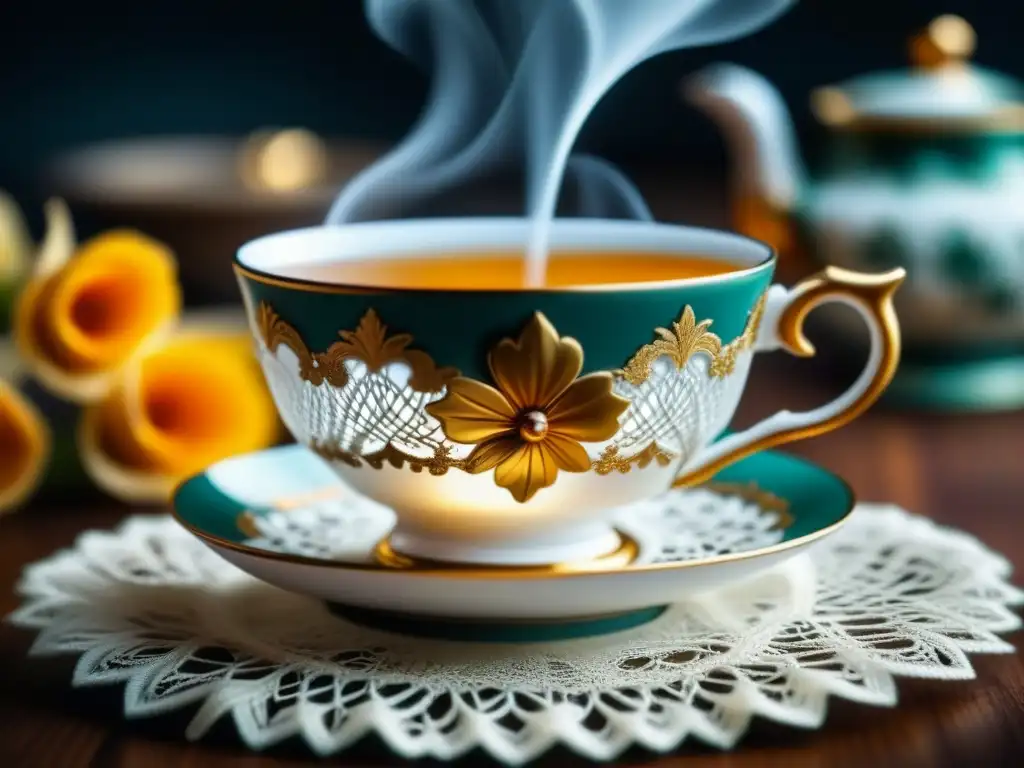 Detalles florales y dorados en una taza de té antigua sobre un mantel de encaje, evocando los roles olvidados de mujeres en la historia del té