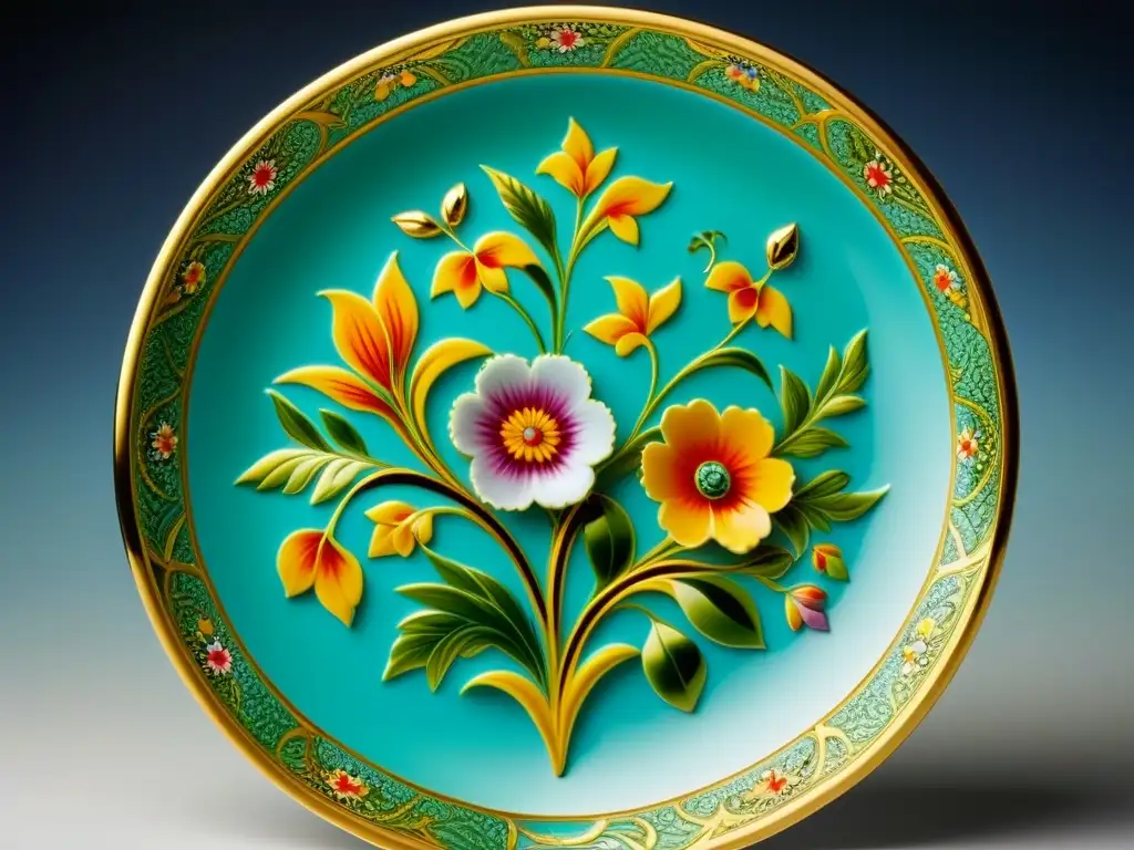 Detalles florales y dorados de una vajilla de porcelana, evocando elegancia y sofisticación en un intercambio de vajillas culturales