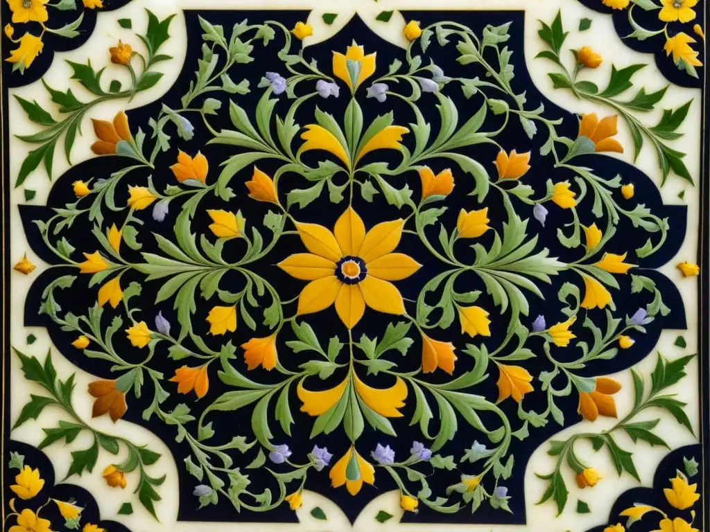 Detalles florales intrincados en mesa de mármol de palacio mughal, resaltando la influencia de la gastronomía mughal