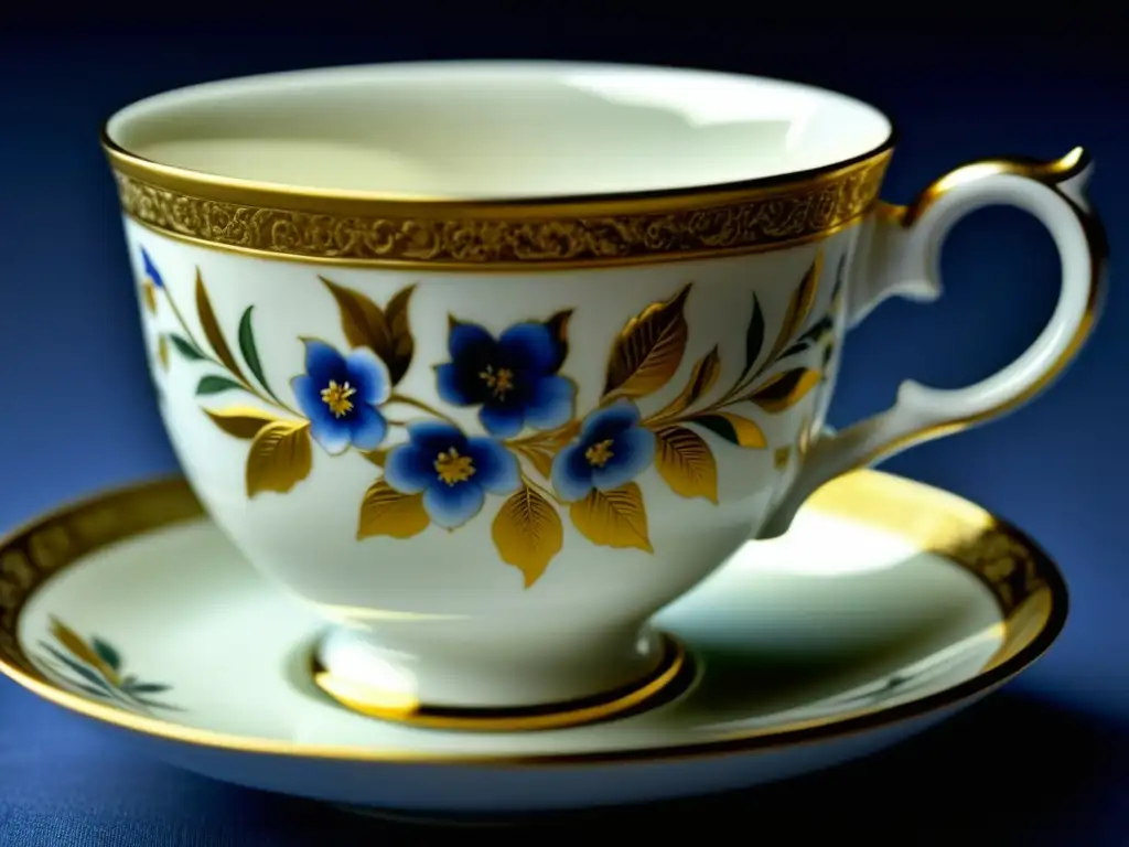 Detalles florales y toques dorados en una delicada taza de porcelana antigua, ejemplificando la artesanía y elegancia de la pieza