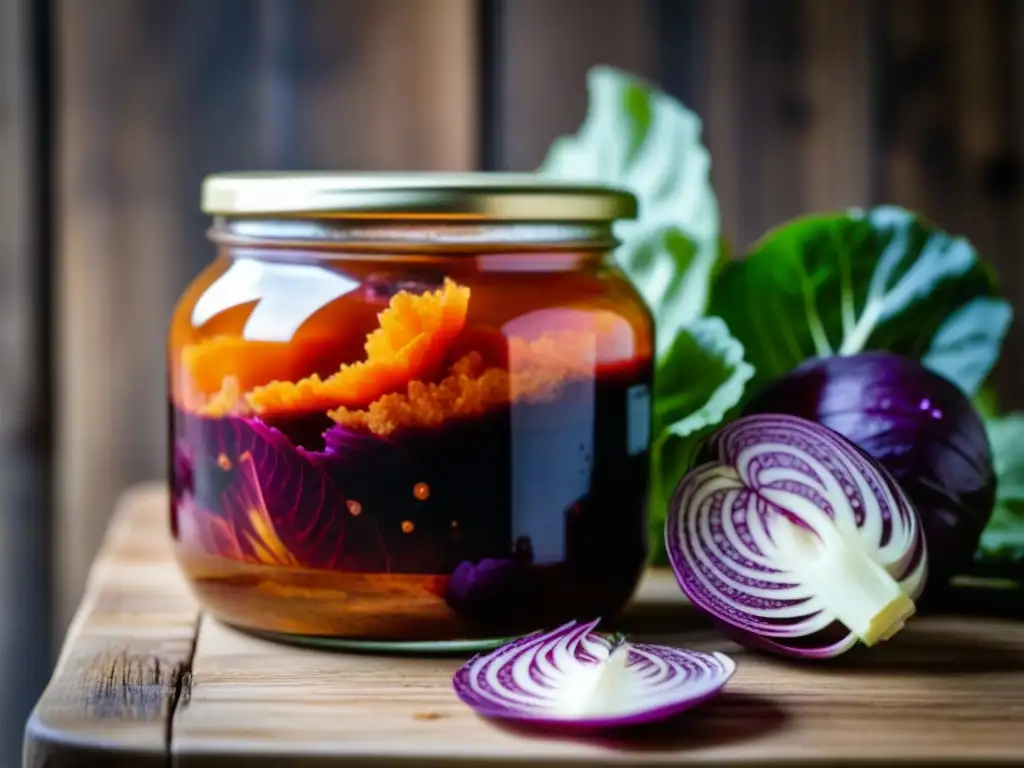 Detalles de un frasco burbujeante de kimchi fermentando en una mesa rústica, evocando recetas históricas de fermentación cultural