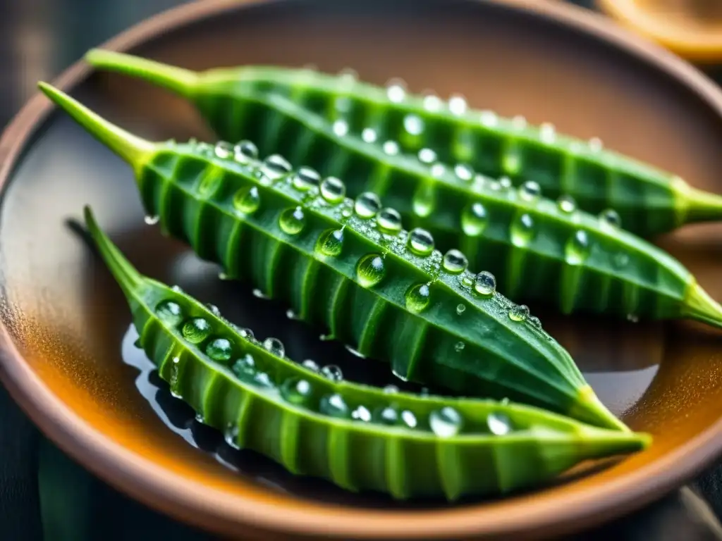 Detalles frescos de okra brillante en ingredientes africanos en recetas históricas