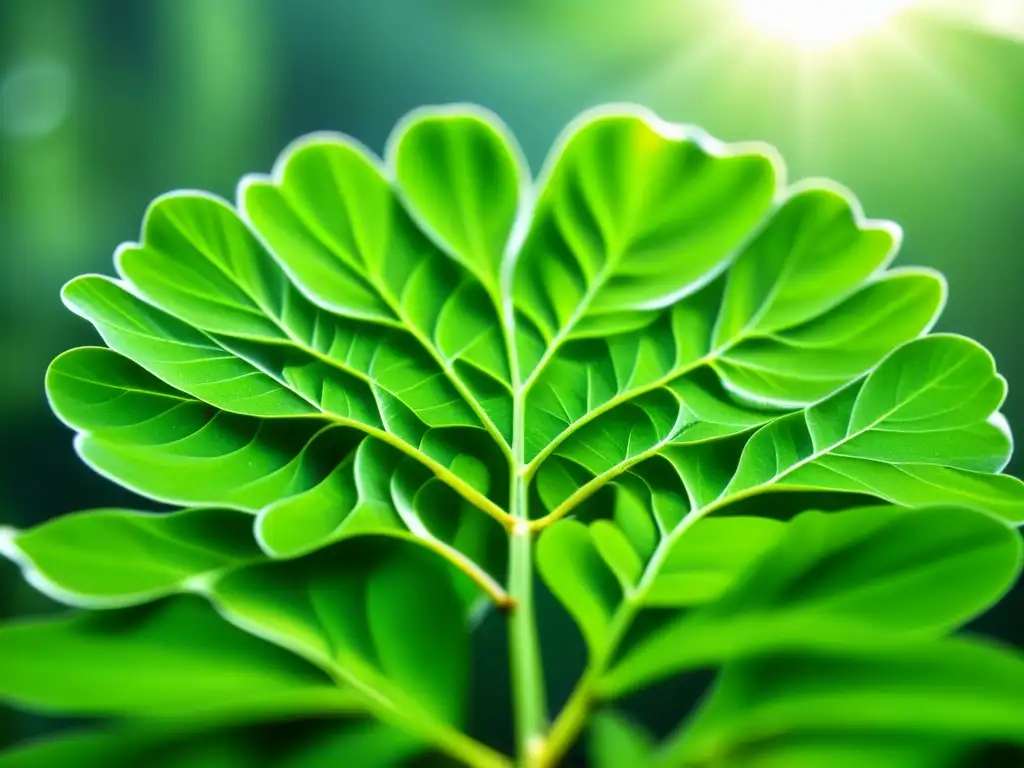 Detalles frescos de hojas de Moringa brillando con rocío al amanecer, mostrando sus venas y tonos verdes vibrantes