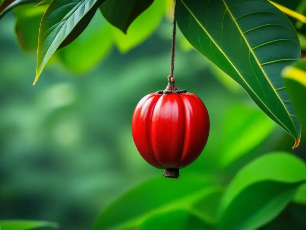 Detalles vibrantes de la fruta de guaraná en la selva amazónica Detalles de una fruta madura de guaraná colgando de una enredadera en la Amazonía, revelando los secretos energizantes de la cocina amazónica