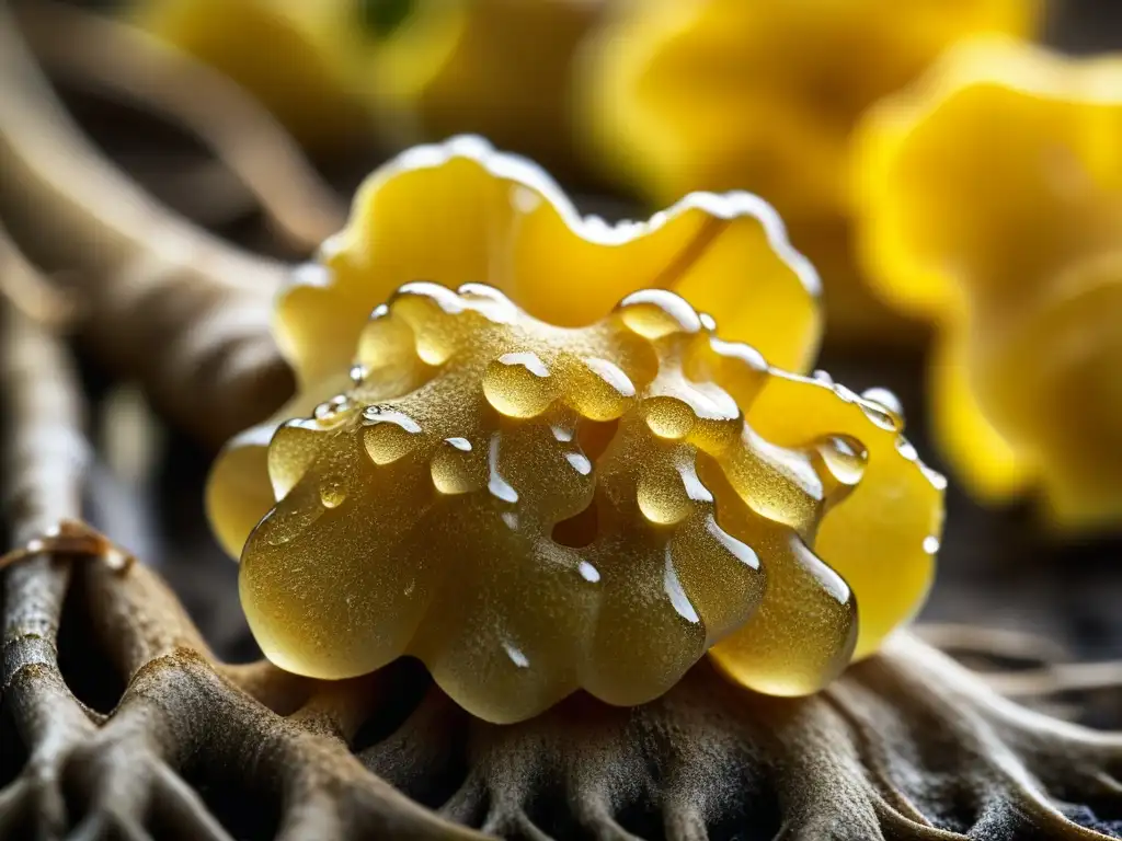 Detalles del gengibre recién cosechado con gotas de agua, resaltando su belleza natural