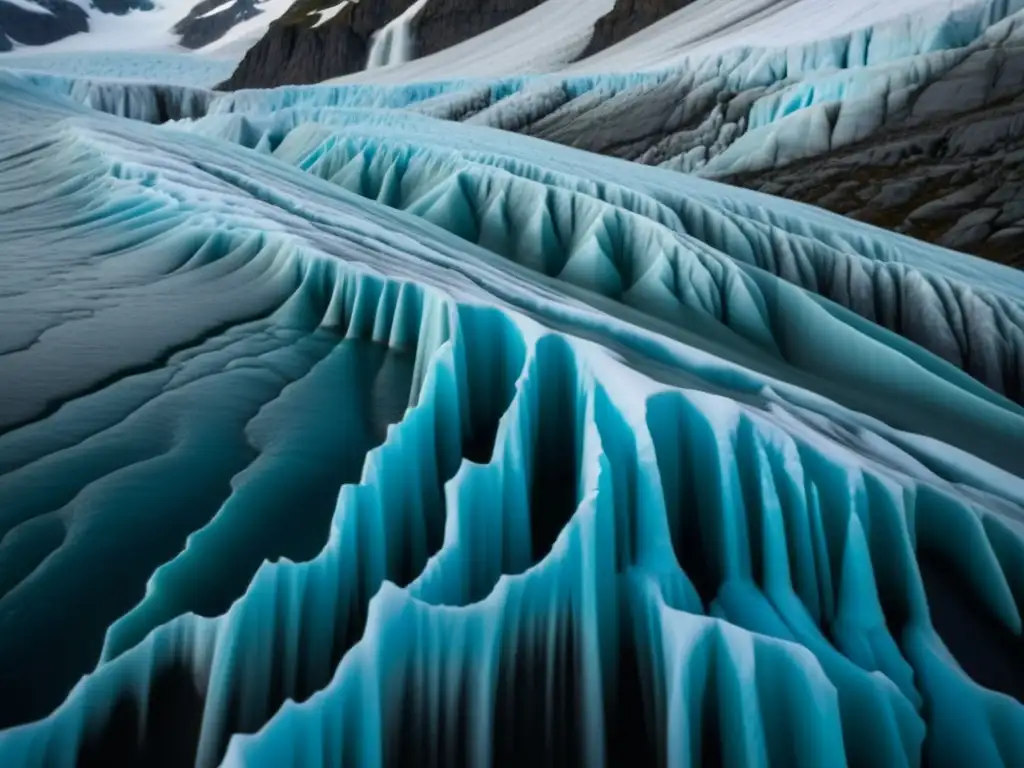 Detalles del glaciar derritiéndose en Escandinavia, mostrando patrones de hielo