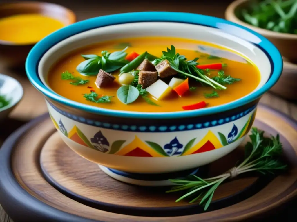 Detalles de una hermosa fuente de cerámica con sopa caliente, resaltando la cocina histórica y recetas culturales de épocas pasadas