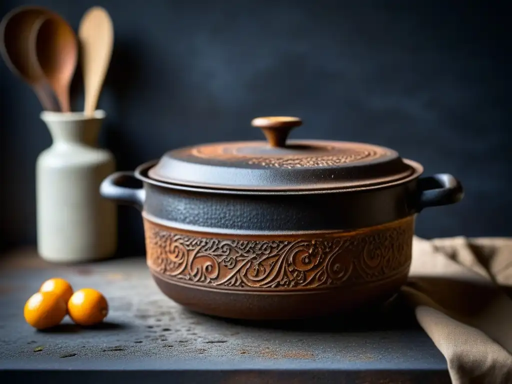 Detalles en hierro: patrones de óxido en una olla de cocina de hierro antigua, conectando tradición culinaria con cocina moderna