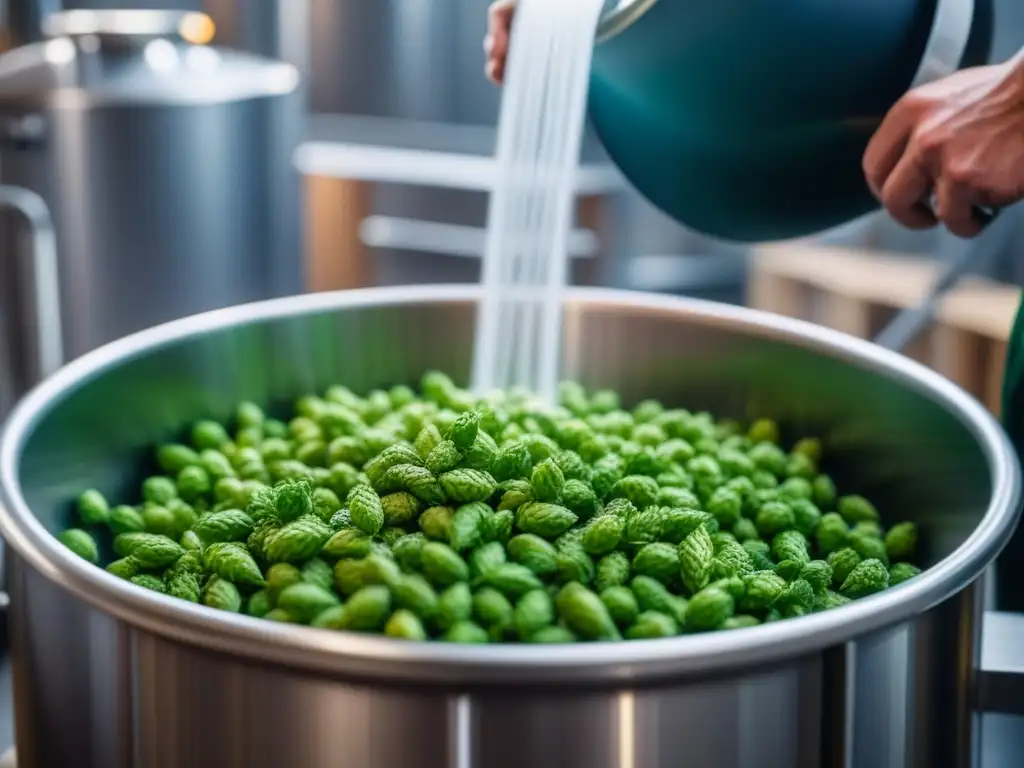 Detalles de la historia de la cerveza artesanal mientras el cervecero añade lúpulo a la cerveza en proceso