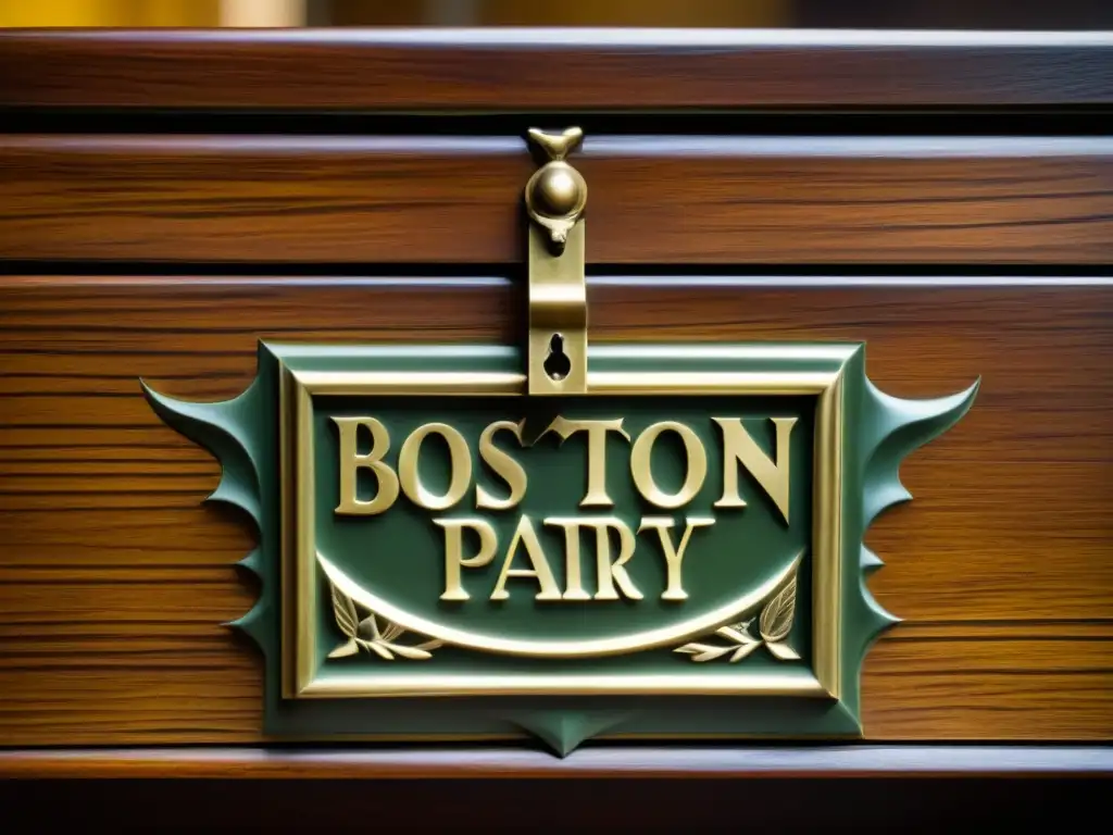 Detalles históricos de un cofre de té vintage con adornos de latón, evocando la historia de la cultura durante la Boston Tea Party