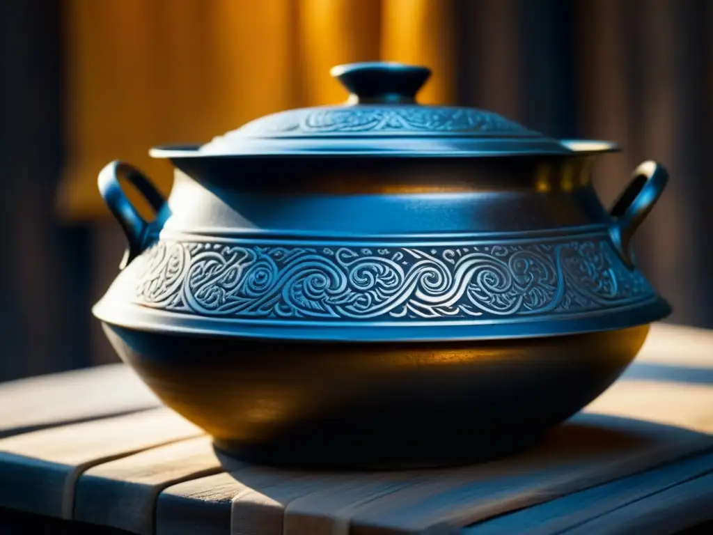Cacerola de hierro en la Ruta de la Seda: historia y sabor Detalles históricos en una olla de hierro usada en la Ruta de la Seda, sobre mesa de madera rústica